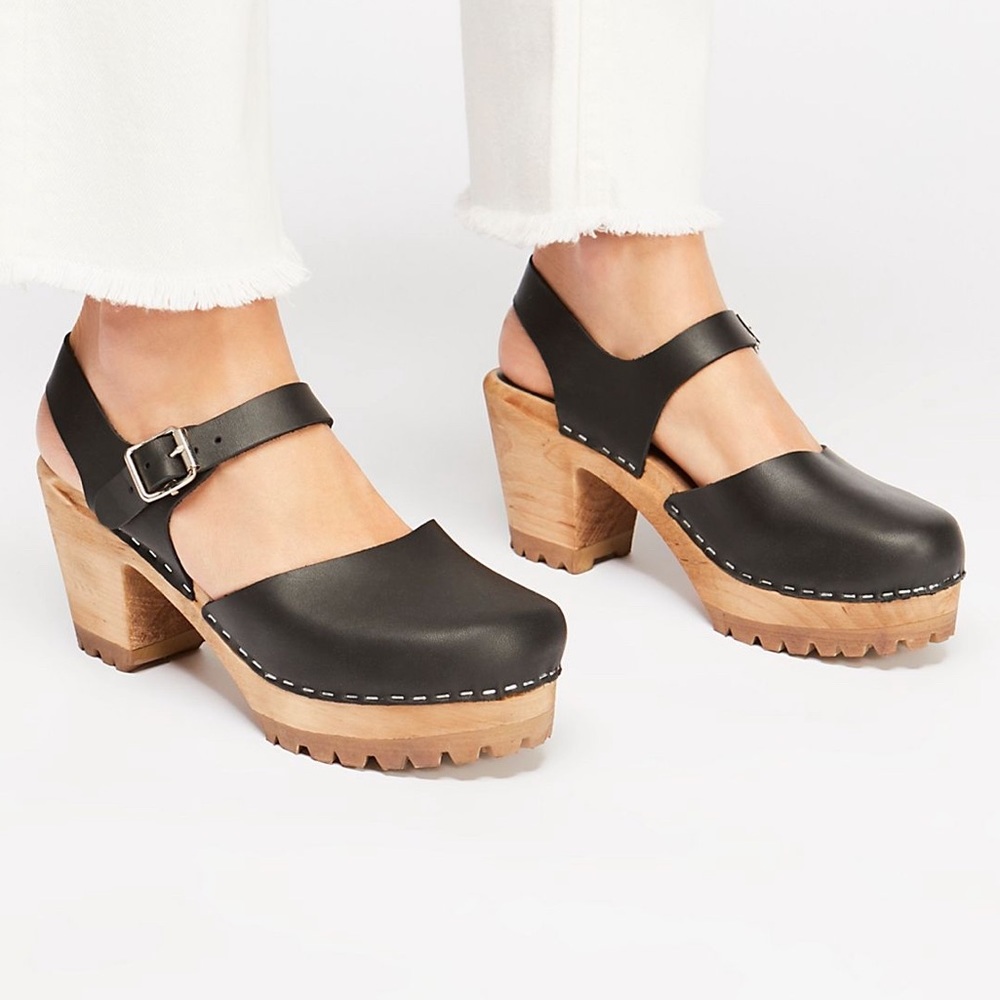 Free People MIA Abba Clogs Leather Wooden Heels